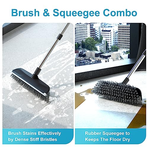 Floor Scrub Brush with 55" Long Handle, 10" Wide Stiff Bristles Deck Brush, Stainsless Steel Pole Heavy-Duty Cleaning Brush, 2-in-1 Scrubber with Ruber Squeegee for Deck, Patio, Pool, Tile, Wall