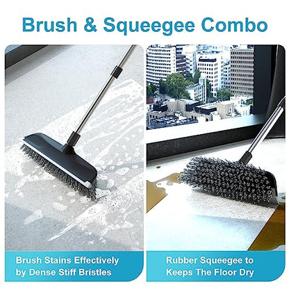 Floor Scrub Brush with 55" Long Handle, 10" Wide Stiff Bristles Deck Brush, Stainsless Steel Pole Heavy-Duty Cleaning Brush, 2-in-1 Scrubber with Ruber Squeegee for Deck, Patio, Pool, Tile, Wall