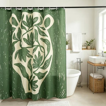 Tropical Green Flower Linen Shower Curtain Set with Liner,72"Wx72"L | Double Layer Shower Curtain Waterproof Fabric with Zippered Removable PEVA Liner,Boho Shower Curtain for Bathroom,Free Hooks - color: Green Vase Floral
