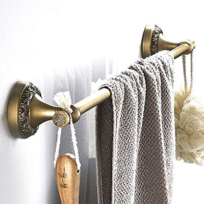 BATHSIR Antique Brass Towel Bar Set, Adjustable Bathroom Accessories Include Expandable Towel Holder Toilet Paper Holder Towel Ring Robe Hook Retro Carved Style Hardware 4 Piece Wall Mount