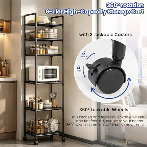 GOESWELL Storage Cart 6 Tier Slim Rolling Utility with Wheels for Bathroom | Storage Cart For Bathroom 6 Tier Slim Rolling Utility With 2 Lockable Casters Narrow Metal Shelving Unit