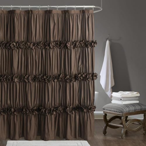 Homechoice Decor Victorian Chocolate Ruffle Shower Curtain 72" W x 72" H | Vintage Handcrafted Bow Tie Bath Curtain for Master Bathroom, Ruched Microfiber Bathroom Curtain with 12 Buttonholes (LQ-10) - color: Chocolate, size: 72"W x 72"L (Each Curtain)