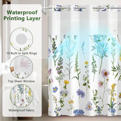 Floral No Hook Shower Curtain and Liner Set, Double-Layer Waterproof Shower Curtains for Bathroom, Washable Shower Curtain with Snap in Liner, Weighted Bottom and Breathable Mesh Window, 71x74 Inches - color: Blooming Wildflowers