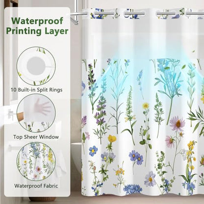 Floral No Hook Shower Curtain and Liner Set, Double-Layer Waterproof Shower Curtains for Bathroom, Washable Shower Curtain with Snap in Liner, Weighted Bottom and Breathable Mesh Window, 71x74 Inches - color: Blooming Wildflowers