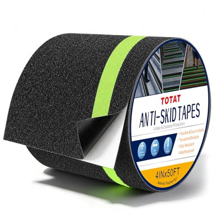Glow in Dark Anti Slip Tape, 4" x50FT Heavy Duty Waterproof Safety Grip Tape for Stairs, Pool, Bathroom - Black & Glow Stripe Indoor/Outdoor Multi-Purpose Traction Tape - size: 4IN x 50FT