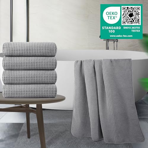POLYTE 430 GSM Poly Blend Microfiber Quick Dry Waffle Bath Towel, 30x60 in | 4 Pack, Oversize, Lint Free, Body Towel - color: Gray