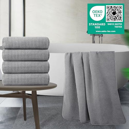 POLYTE 430 GSM Poly Blend Microfiber Quick Dry Waffle Bath Towel, 30x60 in | 4 Pack, Oversize, Lint Free, Body Towel - color: Gray