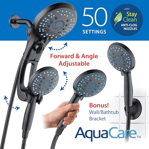 AquaCare 50-mode High Pressure Shower Head Combo with Arm & Dual Power Wash | Hygienic Jets, 2-mode Handheld Power Wash for Tub, Tile & Pets, Long 6 ft. Stainless Steel Hose, Extra Wall Bracket / Bronze - color: Oil Rubbed Bronze, style: 1.8 Gallons Per M