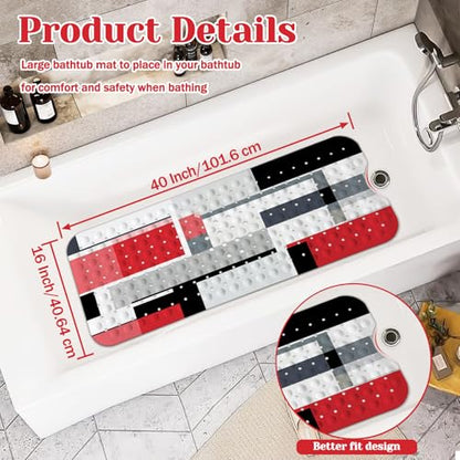 Red Black Bath Tub Mat Non Slip, Modern Geometric Large Washable Shower Mats with Drain Holes and Suction Cups,40 X 16 Inch - color: Red Black