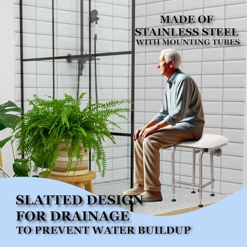 Padded Folding Shower Seat with Legs - Wall Mount Bench for Inside Shower / Bathroom Safety Assist / 304 Stainless Steel / Marine Vinyl / 34.5" x 16" - size: 34.5 x 16"