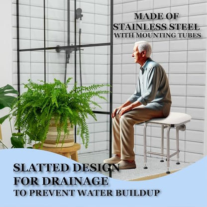 Padded Folding Shower Seat with Legs - Wall Mount Bench for Inside Shower / Bathroom Safety Assist / 304 Stainless Steel / Marine Vinyl / 34.5" x 16" - size: 34.5 x 16"