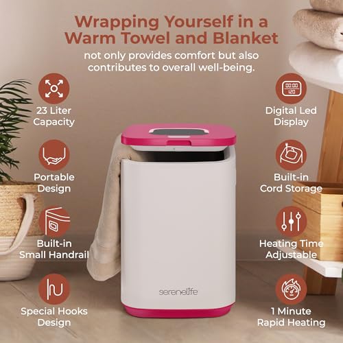 SereneLife Towel Warmer Bucket - Compact 23L Bathroom Towel Heater with Essential Oils Disc Holder, Adjustable Timer, Auto Shut-Off, Power Cord Storage & LED Display, Fits 2 Oversized Towels (Pink)