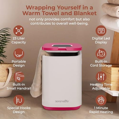SereneLife Towel Warmer Bucket - Compact 23L Bathroom Towel Heater with Essential Oils Disc Holder, Adjustable Timer, Auto Shut-Off, Power Cord Storage & LED Display, Fits 2 Oversized Towels (Pink)