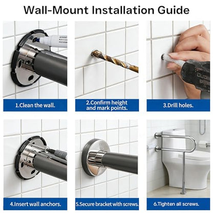 30 Inch Toilet Grab Bar with Leg for Bathroom, Wall & Floor Mounted Stainless Steel Handicap Grab Bar, Brushed Nickel Anti-Slip Knurled Grip, Safety Rail for Elderly, Disabled and Pregnant - size: 30 Inch
