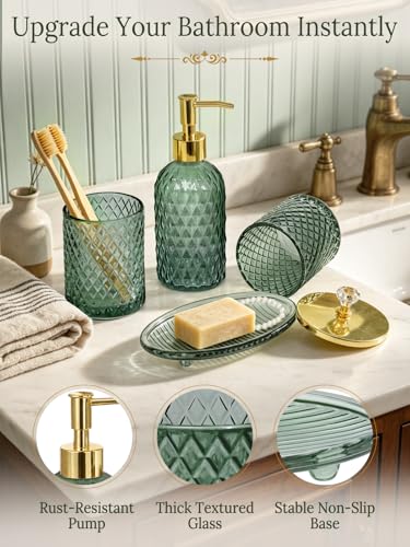 Haturi Glass Bathroom Accessories Set, Sage Green Bathroom Set, 4 Pcs | Kit w/ Bathroom Soap Dispenser Set, Toothbrush Holder, Qtip Holder,Soap Dish, Green Bathroom Decor, Gift for Home Apartment - style: Sage Green