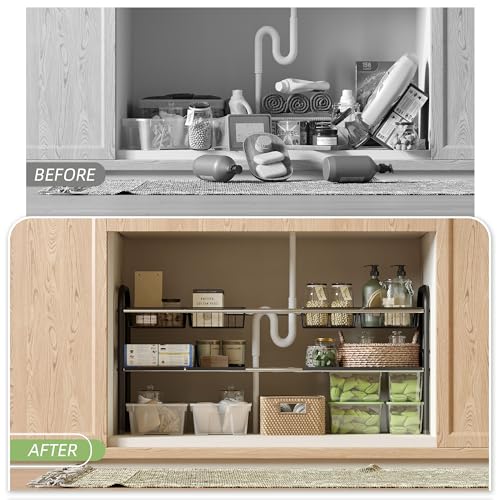 Under Sink Organizers and Storage,Expandable under cabinet organizer Shelf | 2 tier expandable shelf for kitchen,bathroom,4 Removable ABS Panels and 4 Baskets,Adjustable partition height,20.7-32.3" W - size: 4 Panels and 4 Baskets