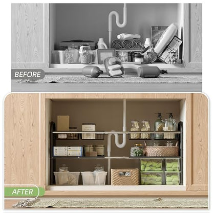 Under Sink Organizers and Storage,Expandable under cabinet organizer Shelf | 2 tier expandable shelf for kitchen,bathroom,4 Removable ABS Panels and 4 Baskets,Adjustable partition height,20.7-32.3" W - size: 4 Panels and 4 Baskets