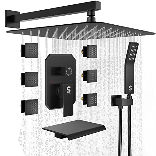 Waist Massage Spray Shower System with 6 Body Jets and Tub Spout, 16'' Full Body Bathtub Shower System with Shower Jet, Wall Mounted Rain Shower and Handheld Shower Faucet Set Complete, Matte Black - color: Matte Black, style: 16"-4 Function