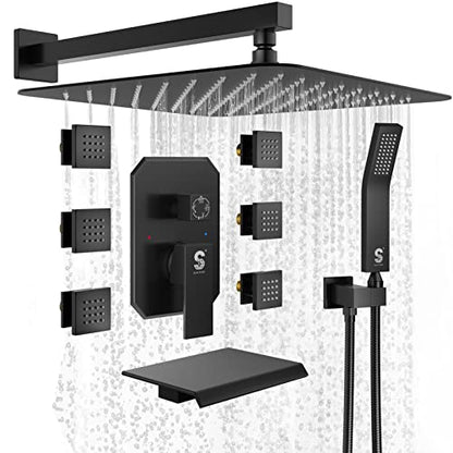 Waist Massage Spray Shower System with 6 Body Jets and Tub Spout, 16'' Full Body Bathtub Shower System with Shower Jet, Wall Mounted Rain Shower and Handheld Shower Faucet Set Complete, Matte Black - color: Matte Black, style: 16"-4 Function