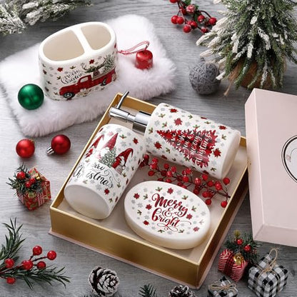 4 Pcs Christmas Ceramic Bathroom Accessories Gifts Xmas Bath Tumbler Xmas Tree Soap Dispenser Toothbrush Holder Soap Tray Merry Christmas Bathroom Decorations(Red and Black Plaid) - style: Red and Black Plaid