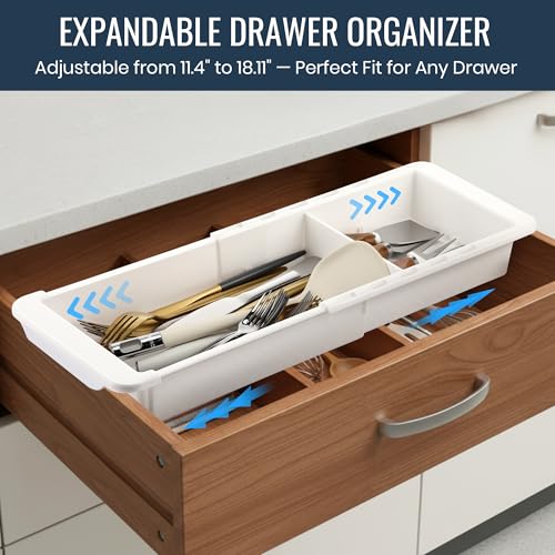 Enhon Deep Drawer Organizer Bins, Expandable Kitchen Tray | Adjustable Sliding Bins, Utensil BBQ Tool and Towel Storage, Kitchen Drawer Organization