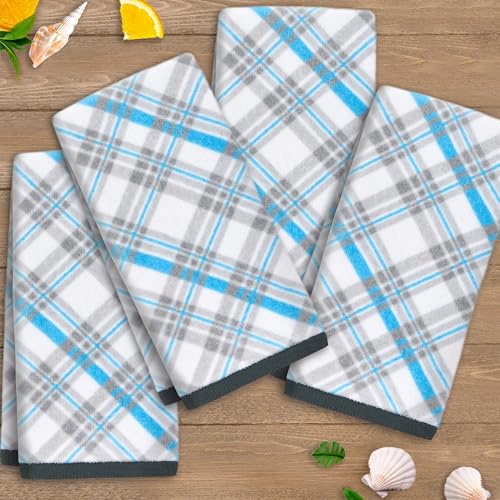 Blue Kitchen Towels, 4PC Checkered 15"x25" - 100% Cotton | Light | Soft | Absorbent | 400 GSM | Fluffy, Decorative Hand Towels for Kitchen & Bathroom, Blue & Gray Plaid - color: Blue + Gray, size: 4PC Hand Towels