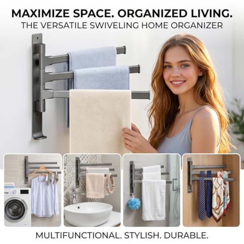 2-5 Arms Swivel Towel Rack Bath Towel Holder with Hook Swing Arm Towel Rack Wall Mount for Bathroom Kitchen-Grey 3Arm - color: Grey, size: 3-arm