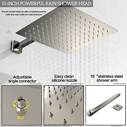 Brushed Nickel Rain Shower System Faucet Set with Handheld, 10 inch | Solid Metal Wall Mount Rainfall Shower Set with Safe Anti-Scald Valve, Air Injection High Pressure Water Saving Combo - color: Brushed Nickel, style: 10in without Tub spout