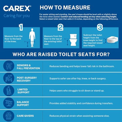 Carex Toilet Seat Riser, Elongated Raised Toilet Seat Adds 3.5 inches to Toilet Height, Assists with Bending or Sitting, Bolt-On Installation Under Existing Toilet Seat, 300 Pound Weight Capacity - style: Elongated