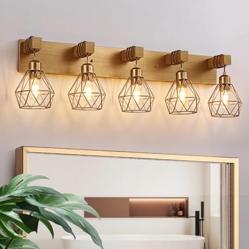 maesta 5 Light Bathroom Vanity Light, Farmhouse Gold Fixture Over Mirror | Farmhouse Bathroom Light Fixtures, Wood & Metal, Anti-Rust, Easy to Install for Rustic Bathroom Hallway - color: Gold, size: 5 Lights