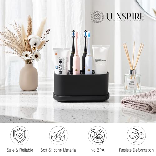 Luxspire Toothbrush Holders for Bathrooms, Silicone, 5 Slots, Black | Toothbrush Organizer with Suction Cup Tray, Toothbrush Holder with Drainage for Bathroom Countertop - color: Black