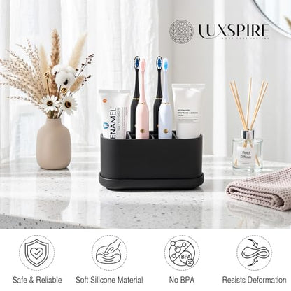 Luxspire Toothbrush Holders for Bathrooms, Silicone, 5 Slots, Black | Toothbrush Organizer with Suction Cup Tray, Toothbrush Holder with Drainage for Bathroom Countertop - color: Black