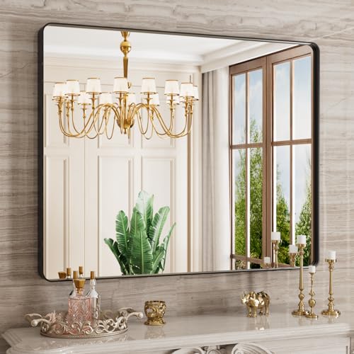 JISOSO 40x32 Inch Black Bathroom Mirror Metal Framed | Anti-Rust, Tempered Glass, Shatter Proof, Hangs Horizontally or Vertically - color: Black, size: 40"L x 32"W