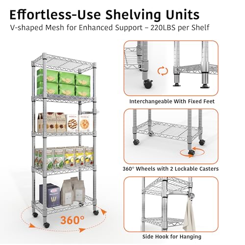 Garvee 61" H Storage Shelves with Wheels 1100LBS Rolling Metal Wire Rack - size: 61"H x 23.6"W x 11.8"D