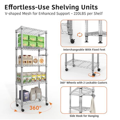 Garvee 61" H Storage Shelves with Wheels 1100LBS Rolling Metal Wire Rack - size: 61"H x 23.6"W x 11.8"D