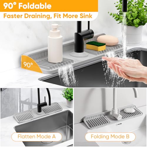 17.7'' Folding Faucet Mat for Kitchen Sink Splash Guard[7° Slope Fast Self-draining][Snap Lock Fit] Kitchen Sink Faucet Mat Splash Guard Kitchen Sink Area Water Splash Guard Behind Faucet Draining Mat - color: Light Gray, size: 17.7" x 5.5"