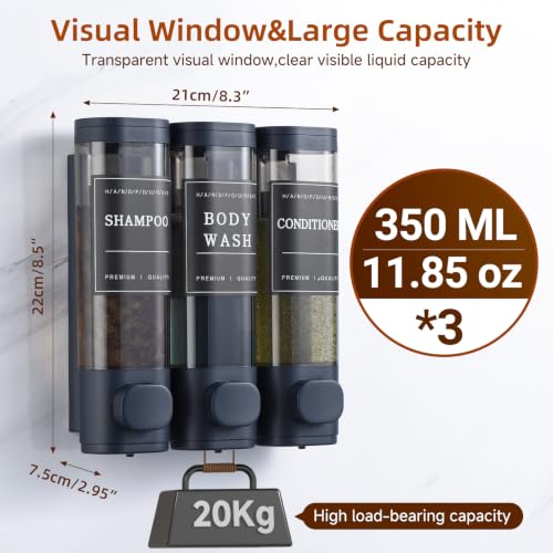 Shampoo and Conditioner Dispenser,Shower Soap Dispenser 3 Chamber No Drill Wall-Mounted for Bathroom & Hotel Leak-Proof Pumps, for Thick Liquids Like Conditioner - 1050ML High Capacity, Dark Blue - color: Dark Blue
