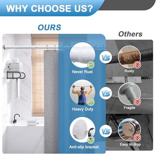 White Tension Curtian rod no drill, 42 to 72 inch Adjustable Heavy Duty black shower curtain rod for Windows bathroom Closet - size: 42-72"