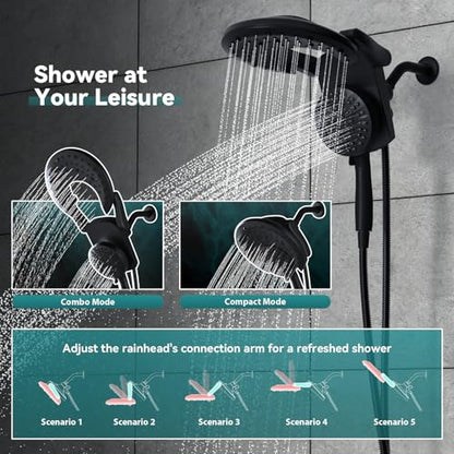 Foldable Rainfall Shower Head 9 Spray Settings/Modes Handheld Showerheads | High Pressure Shower Heads with Handheld Spray Combo, Built-in Magnetic Docking, Power Jets, Stainless Steel Shower Hose - color: Black