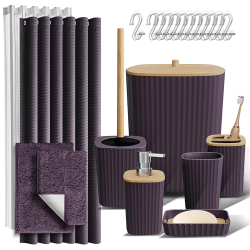 Clara Clark Purple Bathroom Set, Bathroom Sets with Shower Curtain and Rugs | 22 Piece Bathroom Accessories Set with Toothbrush Holder, Soap Dispenser, Soap Dish, Toilet Brush, and Bathroom Trash Can - color: Purple, size: Complete Set + Bath Rugs
