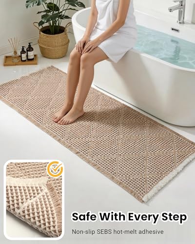 Large Bathroom Rugs 2' x 6', Long Runner Rug Waffle Bath Mat for Kitchen Rugs, Absorbent and Washable Bathroom Mat for Laundry Room, Soft Boho Runner Decor, Entryway Hallway Runner Rug No Slip