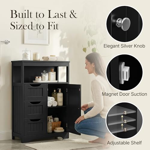 ZenStyle Bathroom Floor Cabinet, Storage Organizer with 3 Drawers and 1 Door, Free Standing Entryway Cupboard for Home Office (Black)
