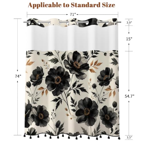 Black Floral Shower Curtain with Snap in Liner & Tassels, 71W x 77L | No Hook Needed, Double Layer Waterproof Fabric with Mesh Top, Dark Botanical Flower Design for Modern & Farmhouse Bathroom - color: Black Floral