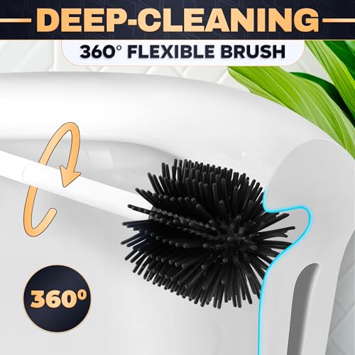 Toilet Bowl Brush and Holder, Silicone and Plastic (White) | Compact Toilet Brush, Easy to Place and Simple to Store After Use, Strong Rubber Plunger & Stiff Bristle Brush - color: White