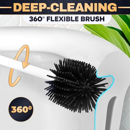 Toilet Bowl Brush and Holder, Silicone and Plastic (White) | Compact Toilet Brush, Easy to Place and Simple to Store After Use, Strong Rubber Plunger & Stiff Bristle Brush - color: White