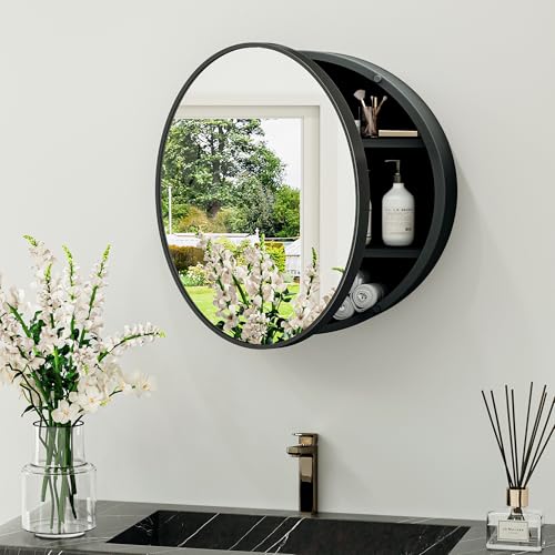 TokeShimi 20 x 20 Round Medicine Cabinet with Mirror, Black Circle Medicine Cabinet for Bathroom with Metal Frame, Detachable Shelves, Shatterproof, Surface Mount Only - color: Black, size: Round 20 IN