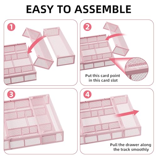 Marbrasse Expandable Desk Drawer Organizer, Mesh Tray with 10 Adjustable Compartments, Desk Organizers for Office Supplies, Makeup & Vanity (Expandable-Pink) - color: Expandable-Pink