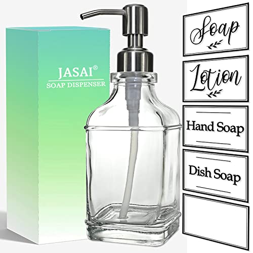 JASAI Antique Design Soap Dispenser with Rust Proof 304 Stainless Steel Pump, Refillable Glass Soap Dispenser with 10Pcs Clear Stickers, Premium Kitchen & Bathroom Soap Dispenser | Refillable Glass Soap Dispenser with 10Pcs Clear Stickers, Premium Kitchen