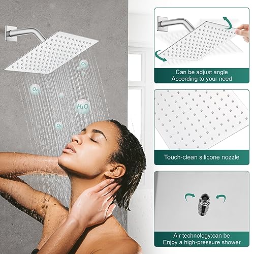 Heyalan 8-Inch Square Rain Shower Faucet Set with Valve, Polished Chrome | SUS304 stainless steel shower head, male NPT 1/2-inch valve, single-handle control, adjustable angle, 1.8 GPM - color: Chrome