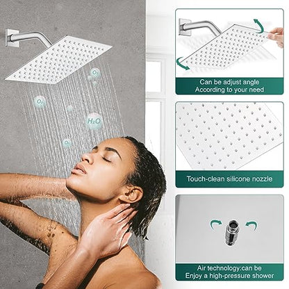 Heyalan 8-Inch Square Rain Shower Faucet Set with Valve, Polished Chrome | SUS304 stainless steel shower head, male NPT 1/2-inch valve, single-handle control, adjustable angle, 1.8 GPM - color: Chrome